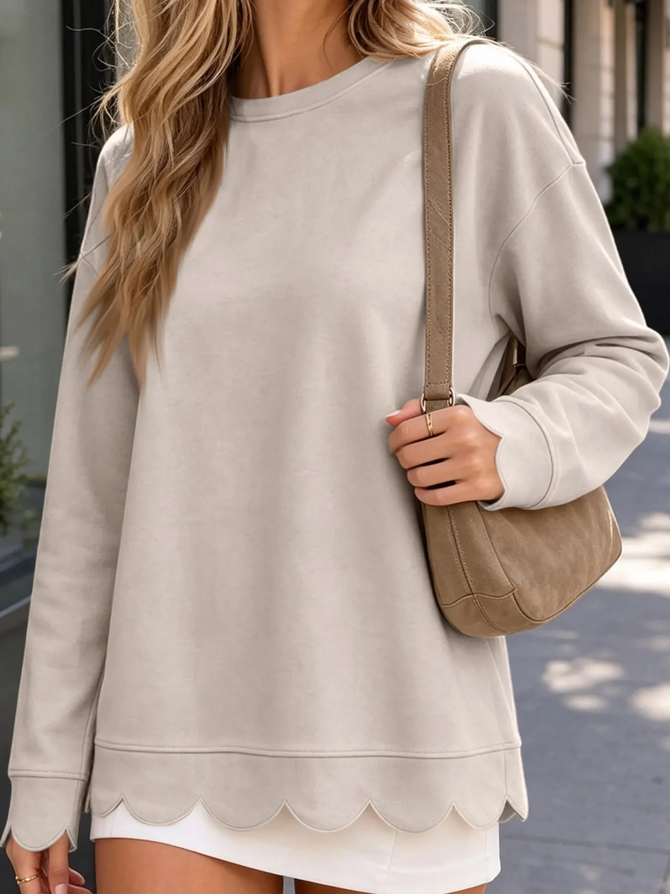 Full Size Casual Scalloped Hem Crewneck Sweatshirt Plus Size