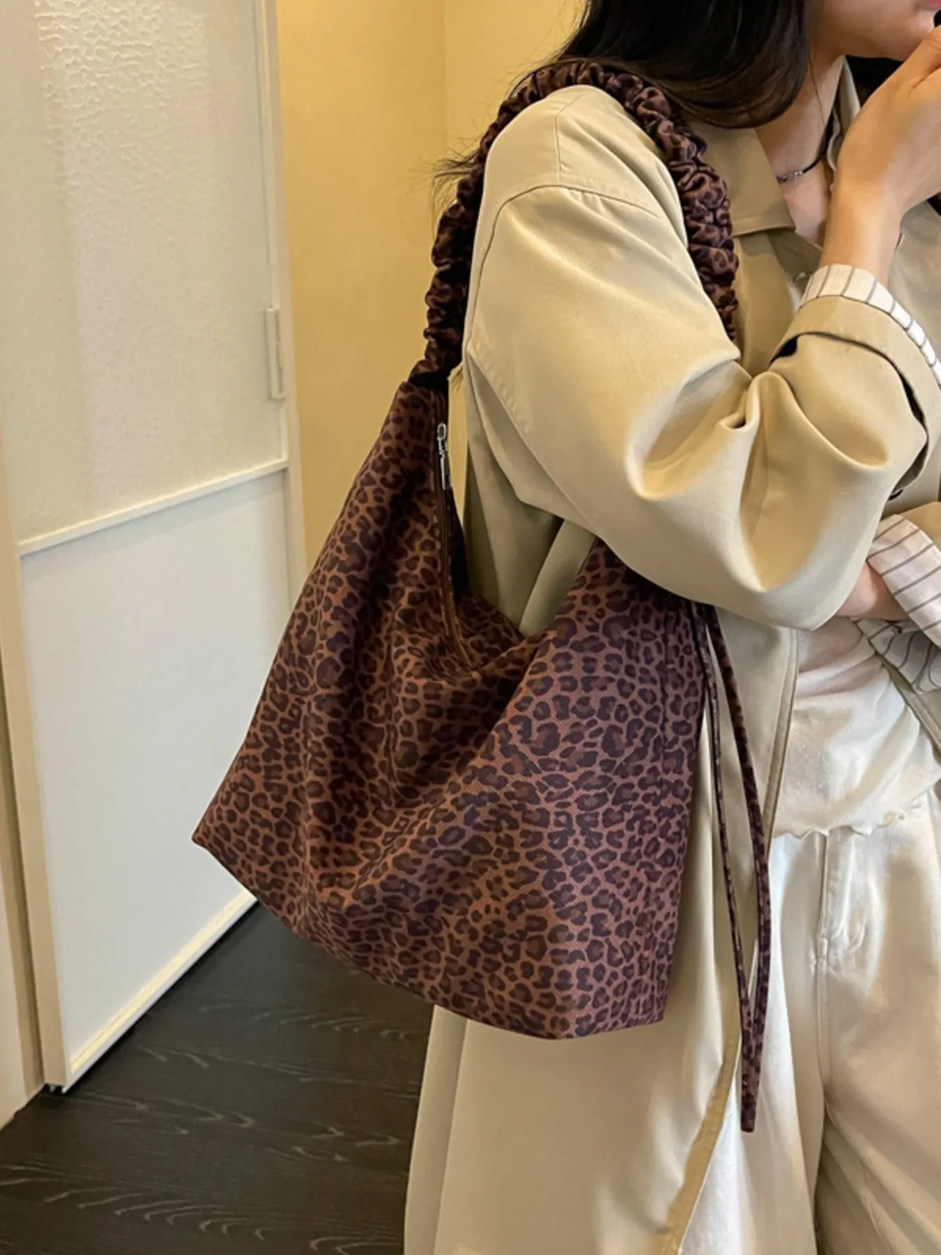 Leopard Print Ruched Shoulder Bag