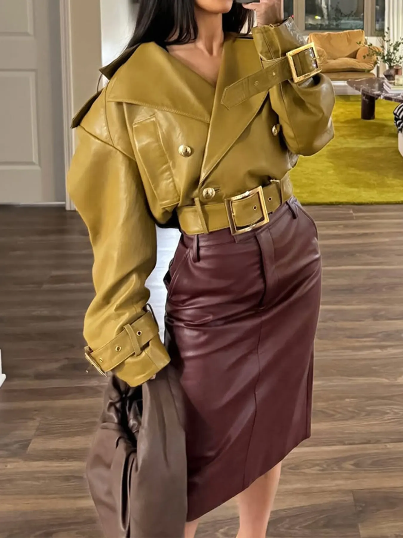 Faux Leather Cropped Jacket with Buckle Details