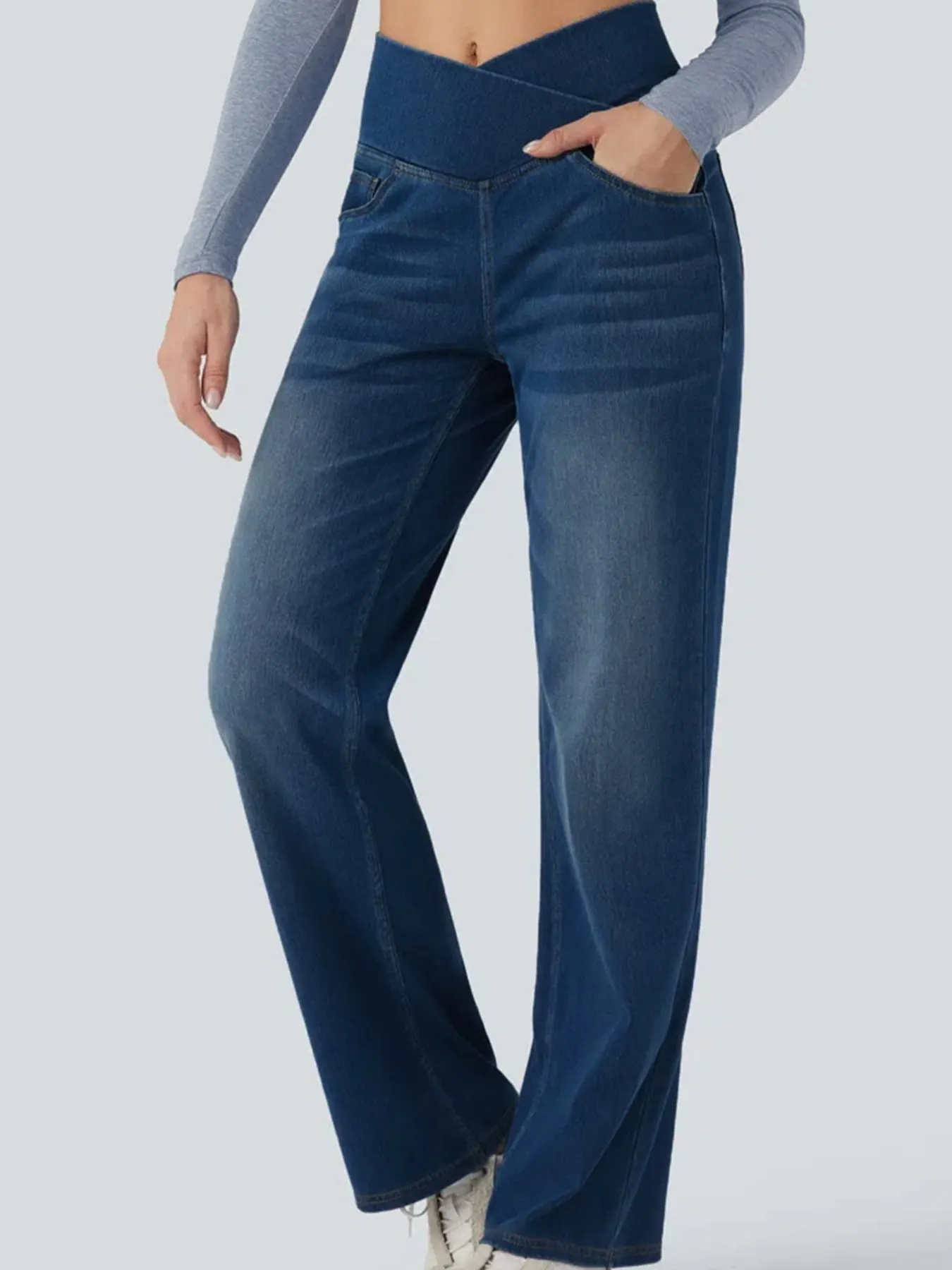 Cat's whisker High-Waisted Cross-Over Waistband Stretch Straight Jeans
