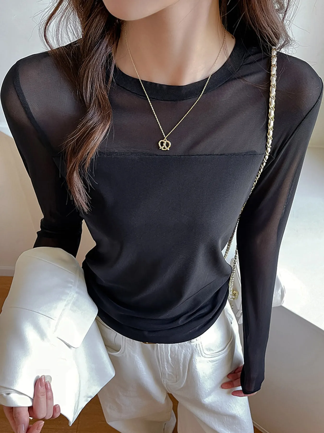 Elegant Sheer Mesh Patchwork Long Sleeve T-Shirt