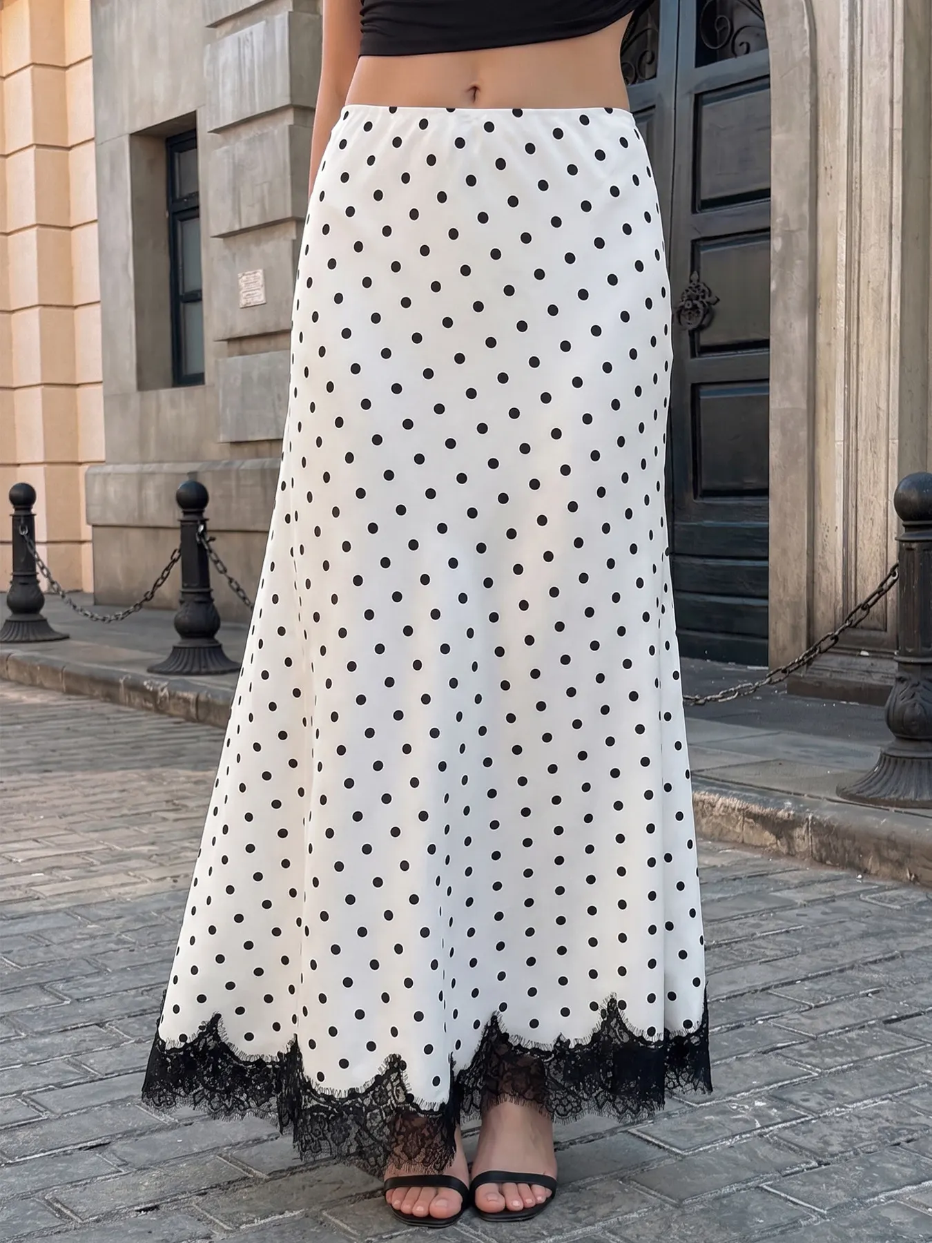 Lace Hem Polka Dot High-Waisted Maxi Skirt